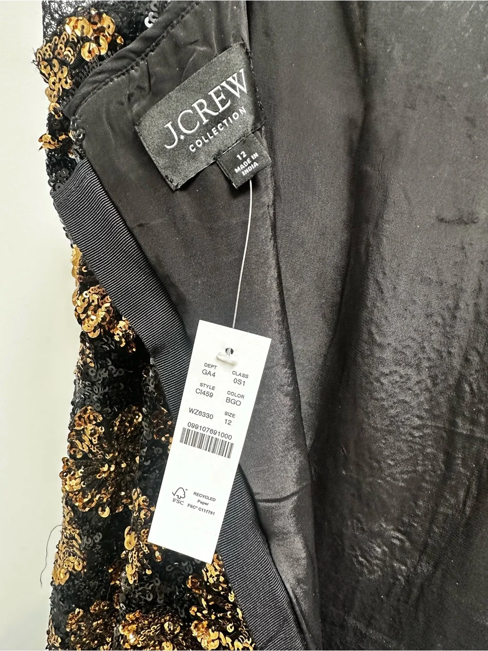 J Crew Black and Gold Sequined Cocktail Dress
